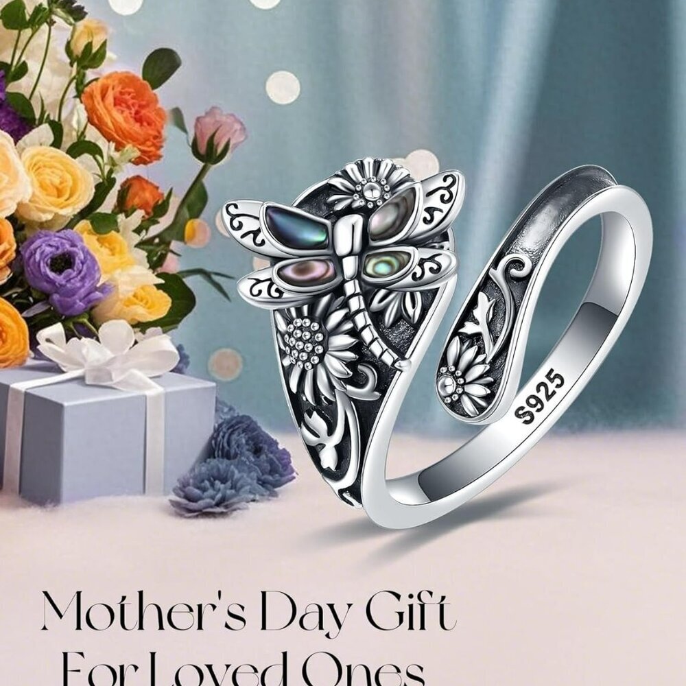 S925-Sterling-Silver Turquoise Dragonfly/Butterfly Spoon Ring - Vintage Boho Sun - Picture 3 of 6